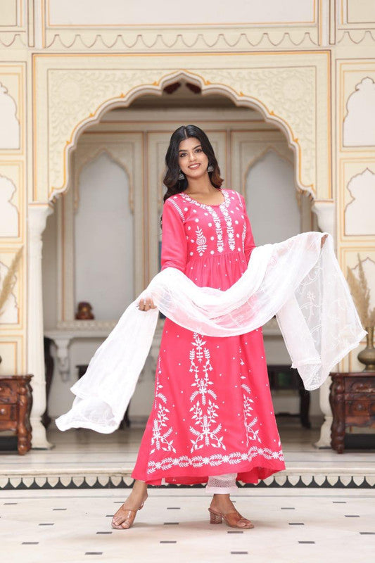 Pink Rayon Chickankari Anarkali Kurti with Bottom & Dupatta!!