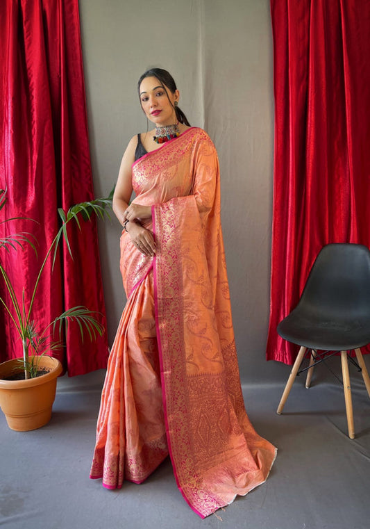 PURE COTTON LINEN SAREE WITH  COPPER AND ROSE  GOLD ZARI