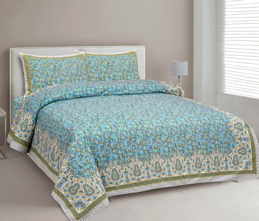 Rama Blue & Multi Coloured Pure Cotton Beautiful Hand Printed Queen size Double Bed sheet with 2 Pillow covers!!