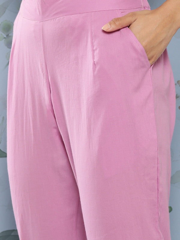 Pink Cotton Floral printed A-line shape Kurta with Trousers & Dupatta!!