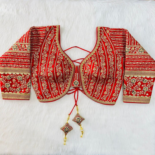 Red Coloured Heavy Milan Silk Long Sleeves Heavy Embroidery Bridal Work Woman Ready made Designer Blouse!!