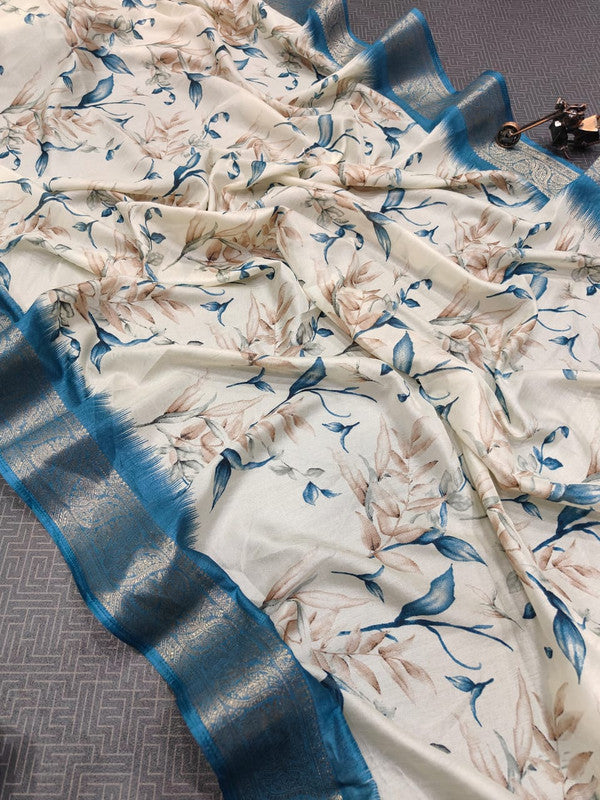 Blue & Off White Coloured Premium Soft Dola Silk with Heavy Jacquard Border Women Party wear Designer Dola Silk Saree with Blouse!!