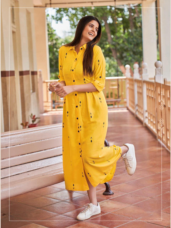 Yellow Coloured Heavy Rayon Digital Printed 3/4 Sleeves Collor Neck Slit in front and full Botton Women Designer Daily wear Gown Kurti ( Maxi Dress)!!