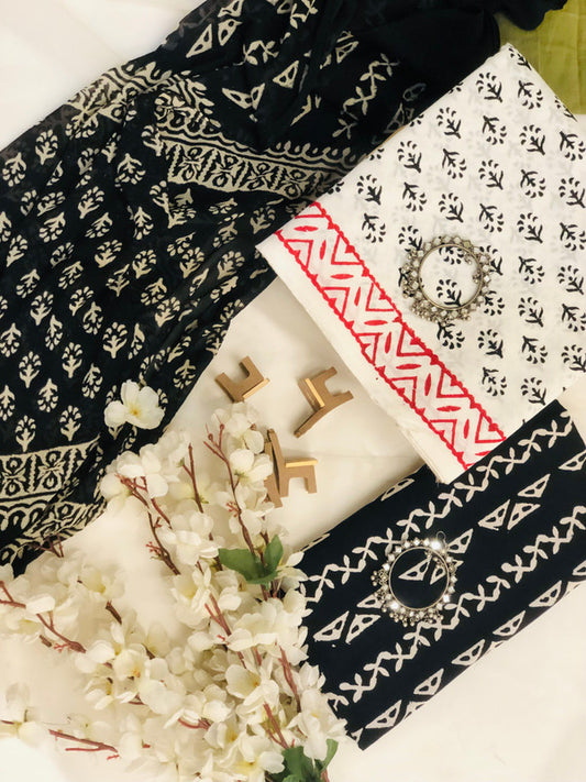 Beige & Black Coloured Unstitched Pure Cotton Exclusive Block Printed Women Party/Daily wear Dress Material Suit- Top with Bottom & Chiffon Dupatta!!