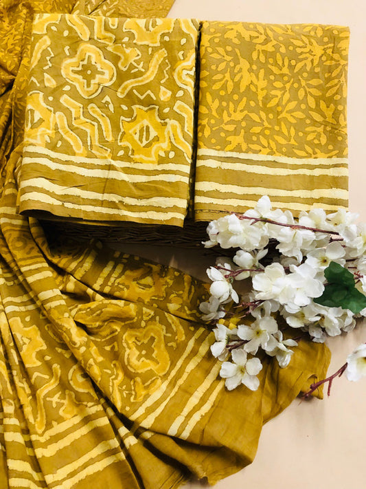 Mustard Yellow & Multi Coloured Unstitched Pure Cotton Block Printed Women Party/Daily wear Dress Material Suit- Top with Bottom & Cotton Dupatta!!