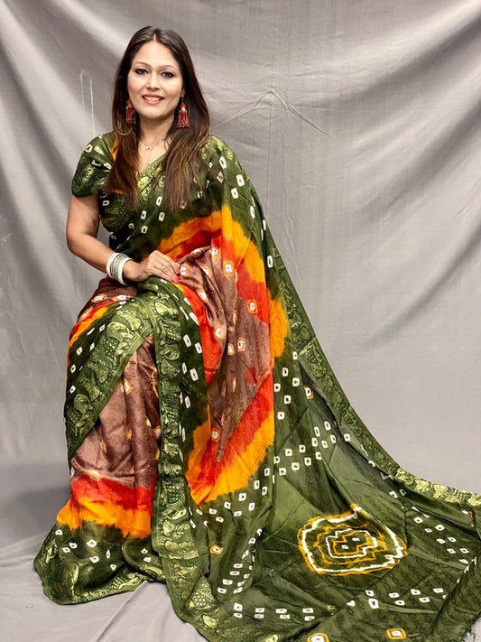 Mehendi Green & Multi Coloured with Zari Weaving & Bandhani Print Women Designer Party wear Art Silk Saree with Blouse!!