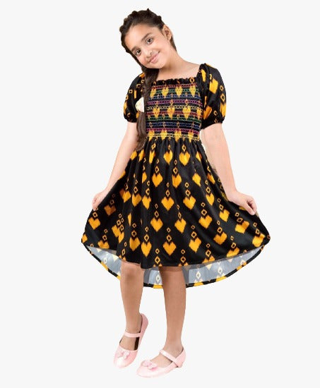 Black Coloured Girls Lycra Digital print Smoking Work Frock!!