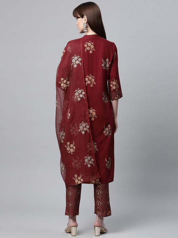 Women Maroon Floral Printed Kurta with Trousers & Dupatta!!