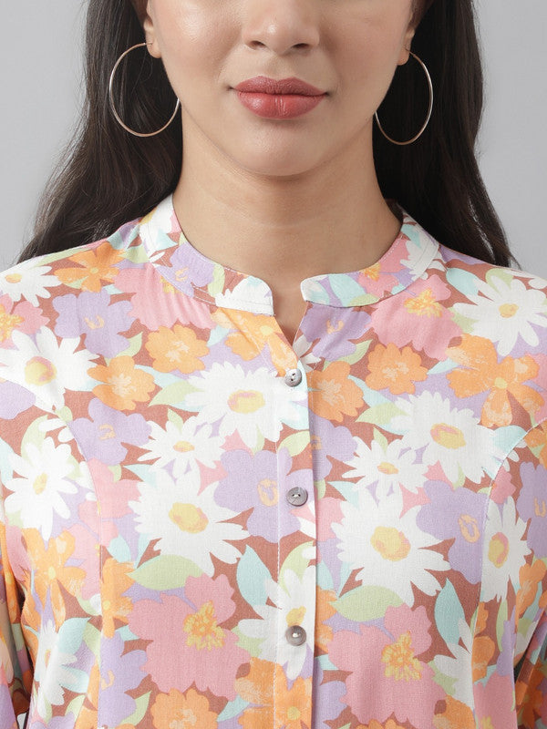 Lavender, White & Orange Coloured Premium Rayon Floral printed Mandarin Collar Roll-Up Sleeves Women Party/Daily wear Western A-line Shirt Style Top!!