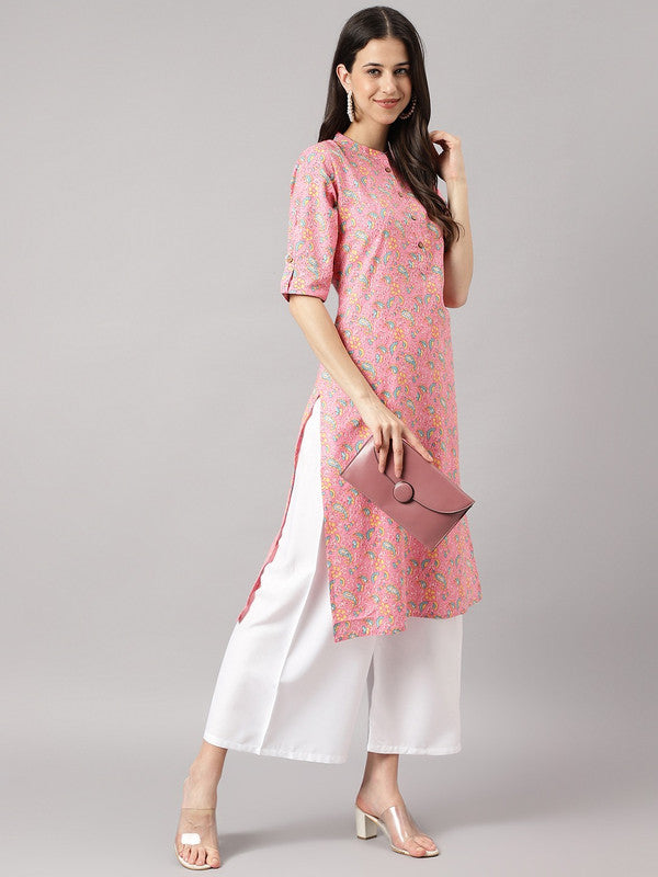 Pink & Multi Coloured Pure Cotton Floral Printed Mandarin Collar Thread Work Straight Shape Short roll-up sleeves Women Designer Party/Daily wear Kurti!!