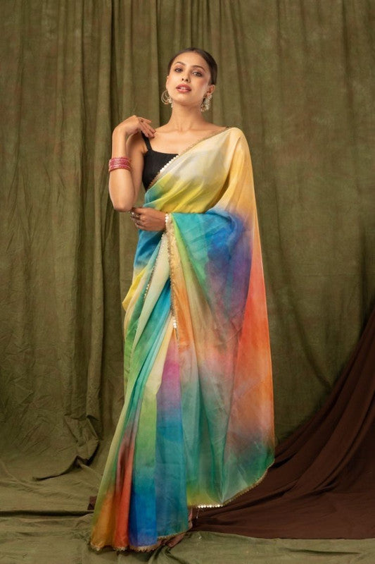 Cream & Multi Coloured Premium Khadi Organza with Digital print Women Party wear Oranza Silk Saree with Blouse!!