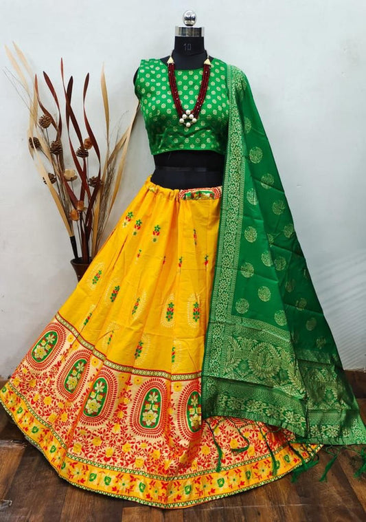 Yellow & Green Coloured Designer Banarasi Lehenga Choli with Dupatta!!