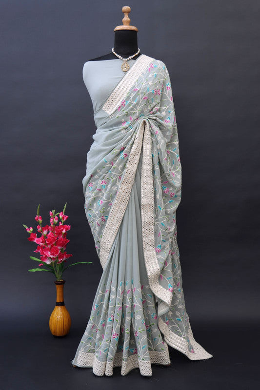 Pure faux Georgette with heavy embroidery & mirror work Saree!!