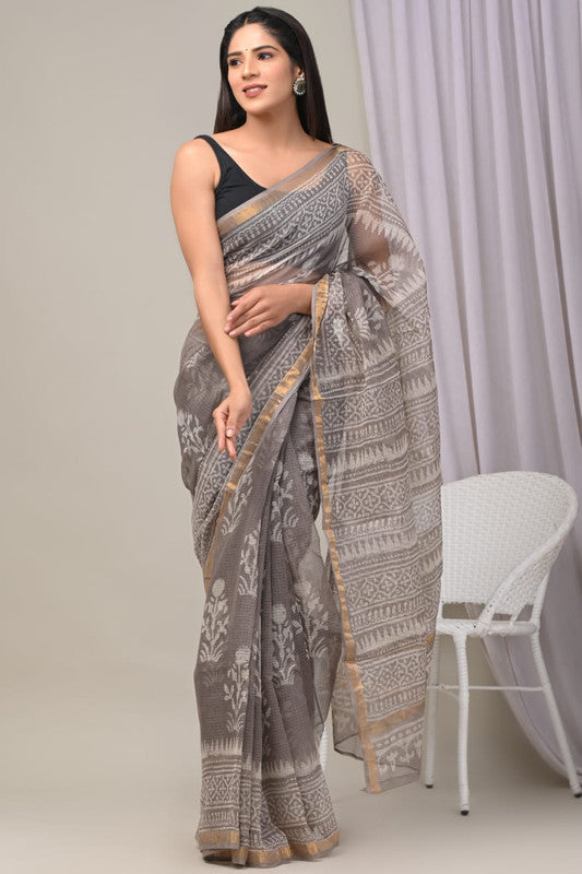 Grey & Multi Coloured Kota Doriya Cotton Beautiful Hand Block printed Women Daily/Party wear Saree with Blouse!!