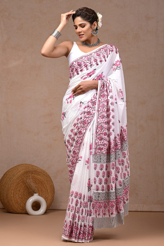 White & Pink Coloured Hand Block Bagru, Dabu & Batik Dye Print Women Designer Party wear Pure Cotton Saree with Runnin Blouse!!