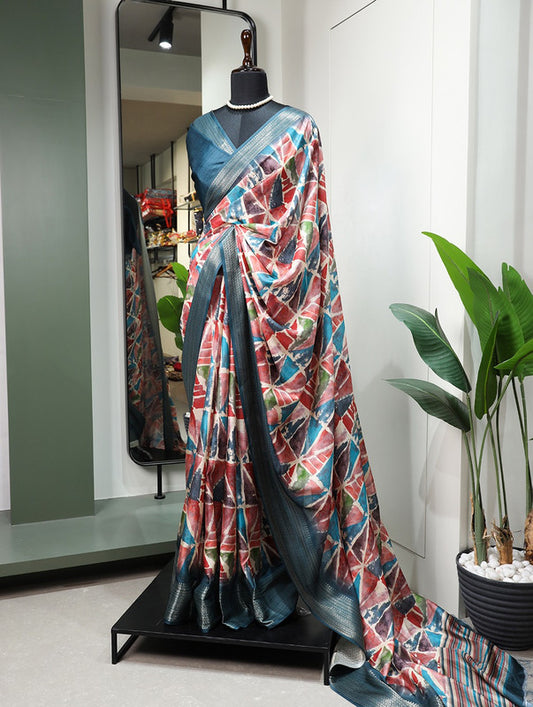 Rama Blue & Multi Coloured Dola Silk Printed with Weaving Zari Border Women Festival/Party wear Designer Dola Silk Saree with Blouse!!