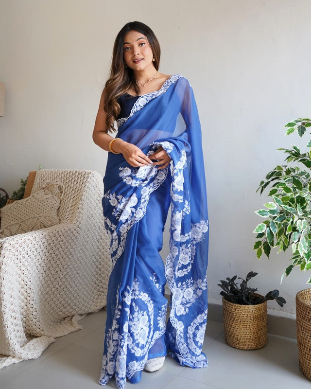 Blue Coloured Organza Silk with Embroidery & thread work Women Party wear Designer Organza Silk Saree with Blouse!!