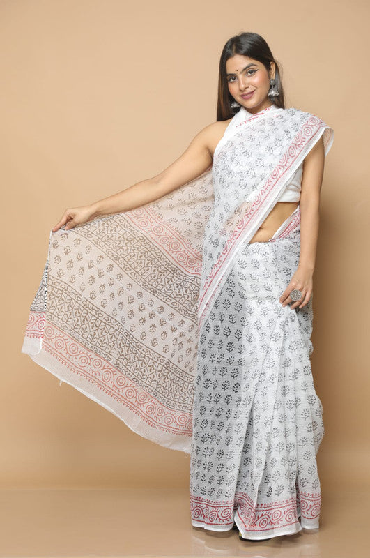 White & Black Coloured Kota Doria Hand Block Printed Cotton Saree with Blouse!!