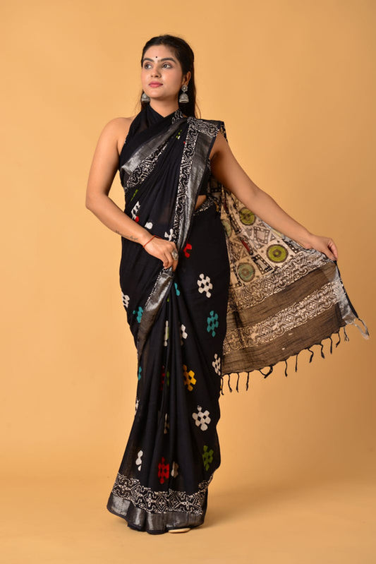 Black & Multi Coloured Linen Cotton with Beautiful Hand Block Printed Women Party/Daily wear Designer Linen Cotton Saree with Blouse!!