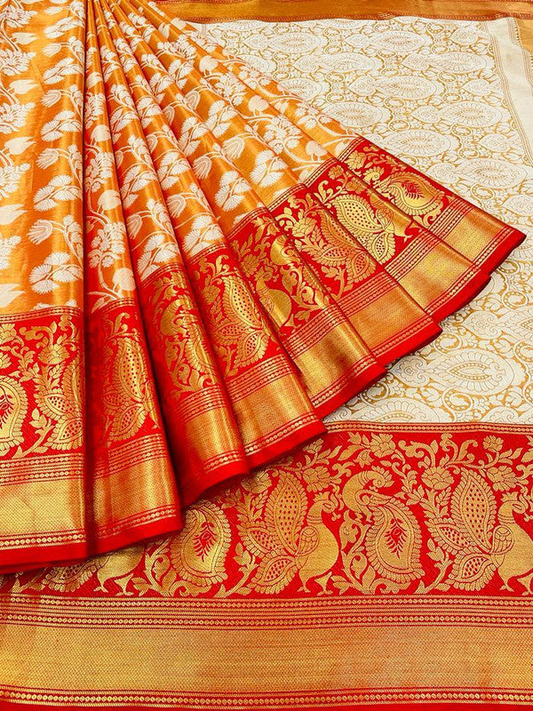 Orange & Red Coloured Banarasi Handloom Pattu Heavy Multi Zari Women Party wear Designer Tissue Silk Saree with Blouse!!