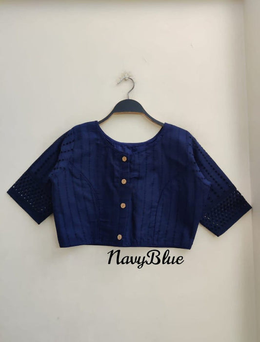 Navy Blue Coloured Jaipuri Goli Hakoba Boat Neck Ready made Blouse with Wooden Button!!