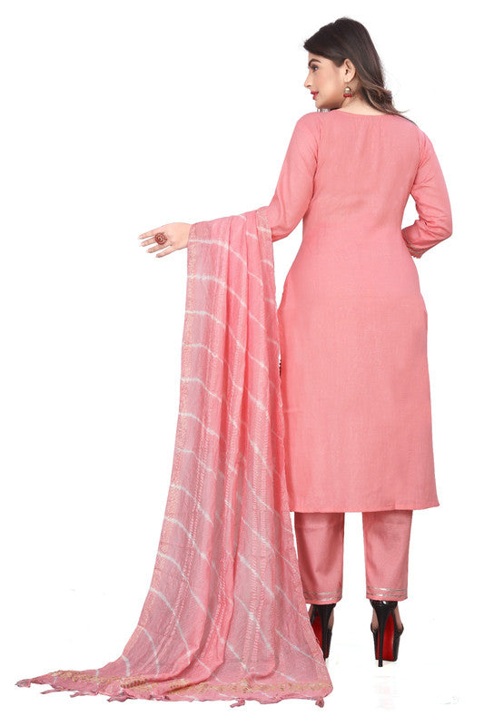 Pink Coloured Pure Cotton with Embroidery work Round Neck 3/4 Sleeves Women Fully Stitched Designer Party/Daily wear Kurti with Pant & Chanderi Dupatta!!