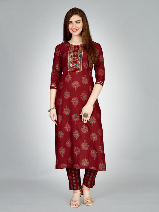 Maroon & Multi Coloured Heavy Rayon with Embroidery work Women Designer Daily wear Kurti with Pant!!