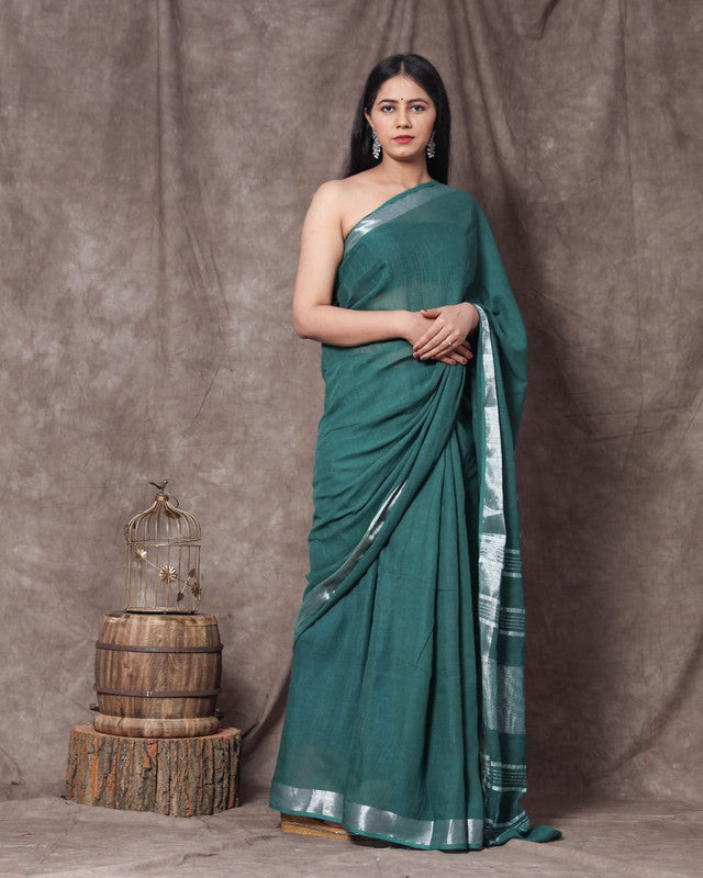 Green Coloured Linen Cotton with Beautiful Jari Border Women Party/Daily wear Designer Linen Cotton Saree with Blouse!!