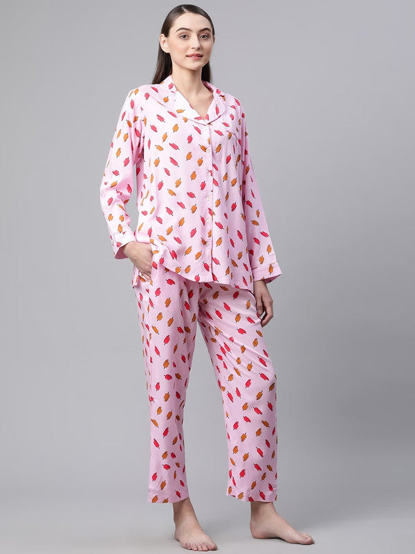 Pink Viscose Rayon Printed Lapel collar Long sleeves Night suit!!