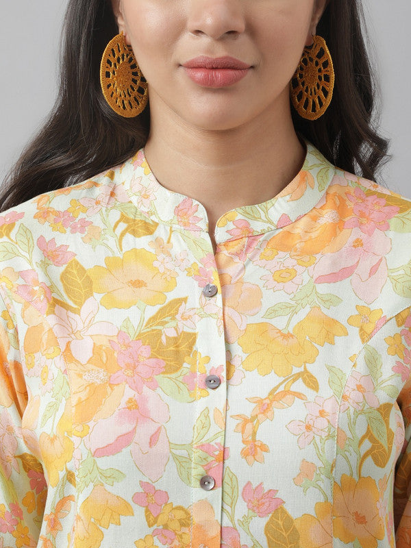 Off-white & Yellow Coloured Premium Rayon Floral printed Mandarin Collar Roll-Up Sleeves Women Party/Daily wear Western A-line Shirt Style Top!!