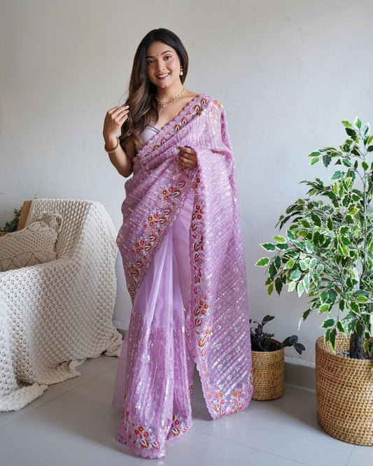 Onion Pink & Multi Coloured Organza Silk with Multy Thread & Sequence Embroidery work Women Designer Party wear Fancy Organza Silk Saree with Blouse!!