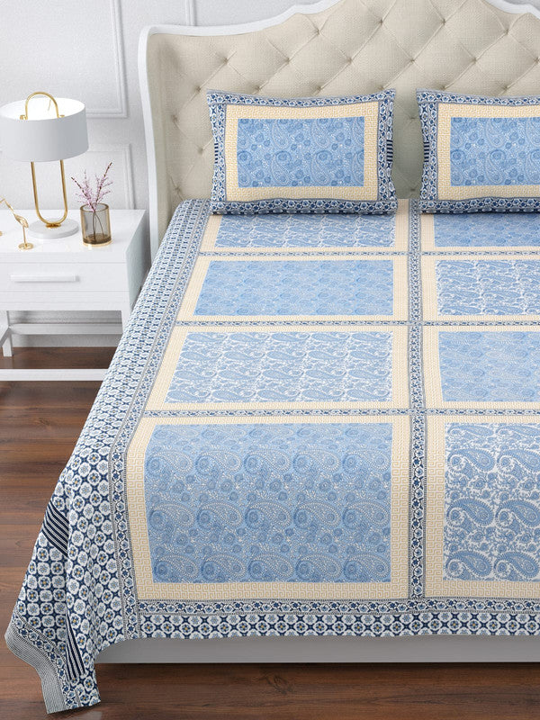 Blue & Multi Coloured Pure Cotton with Beautiful Hand Block Printed King size Double Bed sheet with 2 Pillow covers!!