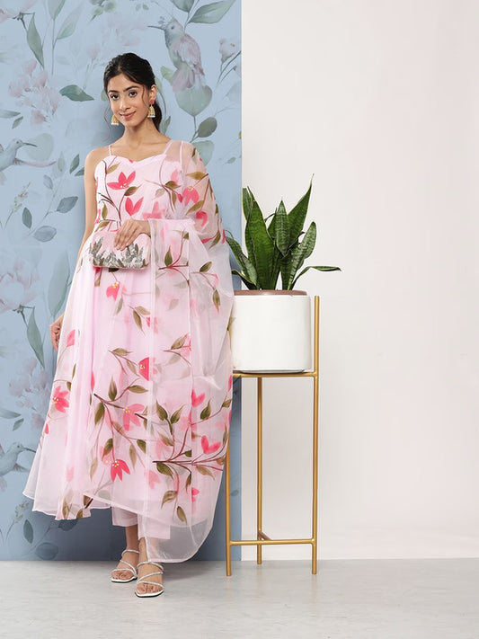 Pink Organza Floral Printed Anarkali shape Kurti with Trousers & Dupatta!!