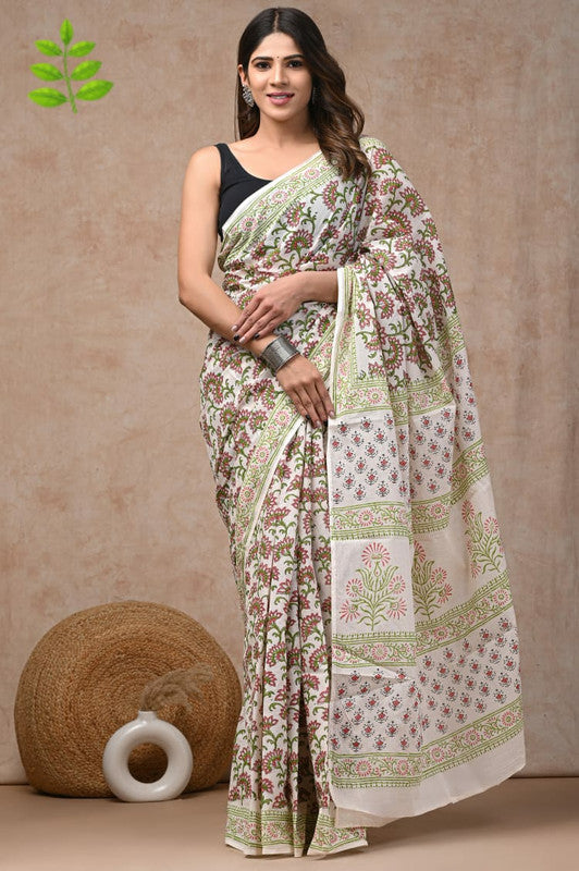 Light Green & Multi Coloured Pure Cotton Beautiful Hand Block printed Women Daily/Party wear Saree with Blouse!!