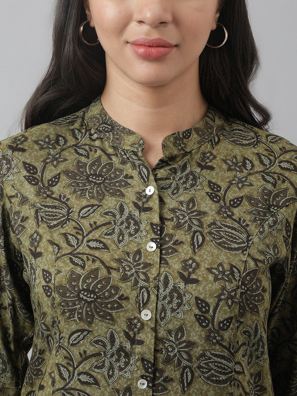 Olive Green & Multi Coloured Premium Rayon Ethnic motifs print Mandarin Collar Roll-Up Sleeves Women Party/Daily wear Western Shirt Style Top!!
