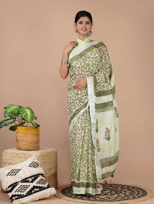 LINEN COTTON HAND PRINTED  SAREE WITH TAUSSAL