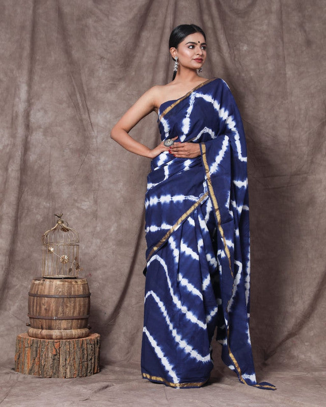 Dark Blue Coloured Cotton Jari Border Saree with Blouse!!