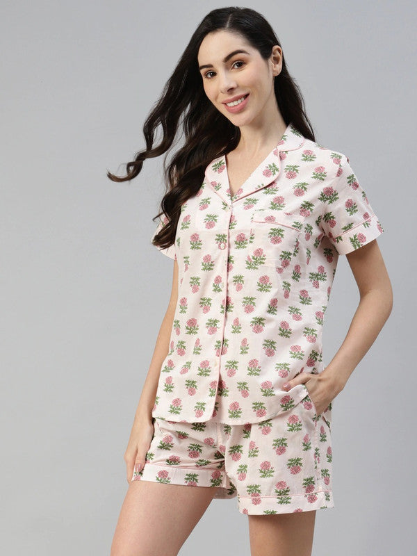 Women Peach-Coloured & Green  Printed Night suit