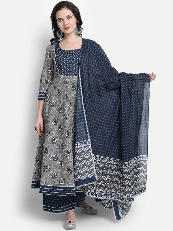 Grey & Blue Coloured Premium Rayon Cotton Digital Printed Women Designer Party wear Anarkali Kurti with Pant & Dupatta!!