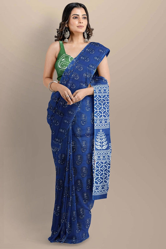 Dark Blue & Multi Coloured Premium Mul Mul Cotton Beautiful Hand Block printed Women Daily/Party wear Saree with Blouse!!