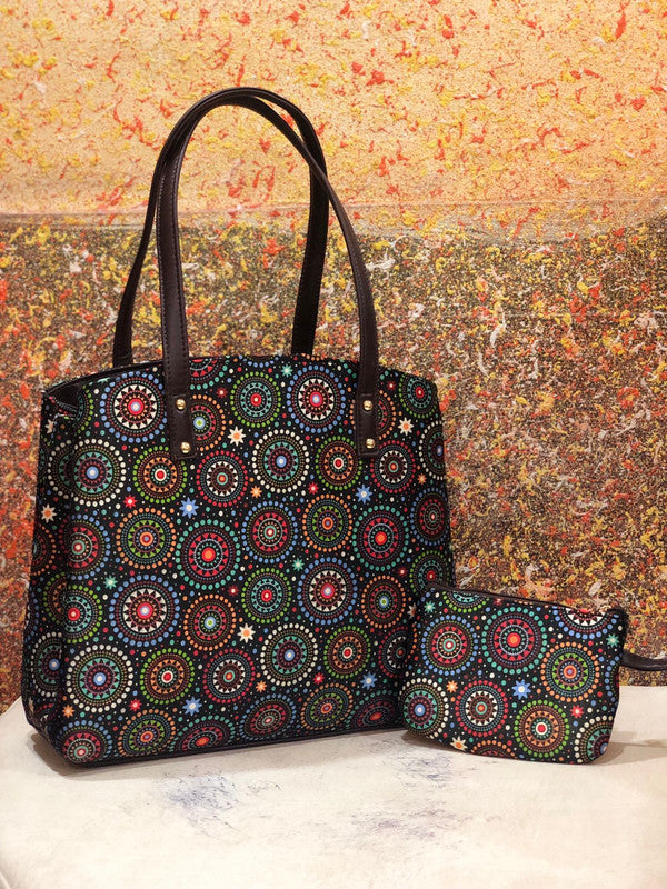 Multi Coloured Beautiful Ikkat Printed Triple Partition Hand Bag & Kit Pouch 2Pcs Combo( 2 Bags)!!