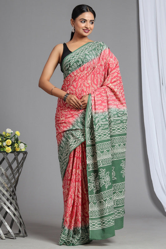 Light Green & Pink Coloured Pure Cotton Beautiful Hand Block printed Women Daily/Party wear Saree with Blouse!!