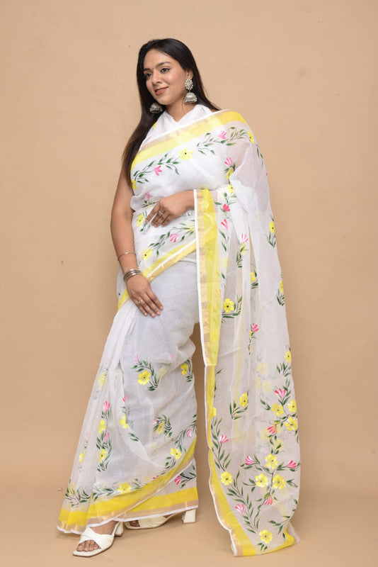 White with Yellow & Multi Coloured Kota Doria Cotton Hand block Print with Jari Border Women Designer Party wear Kota Doria Cotton Saree with Blouse!!