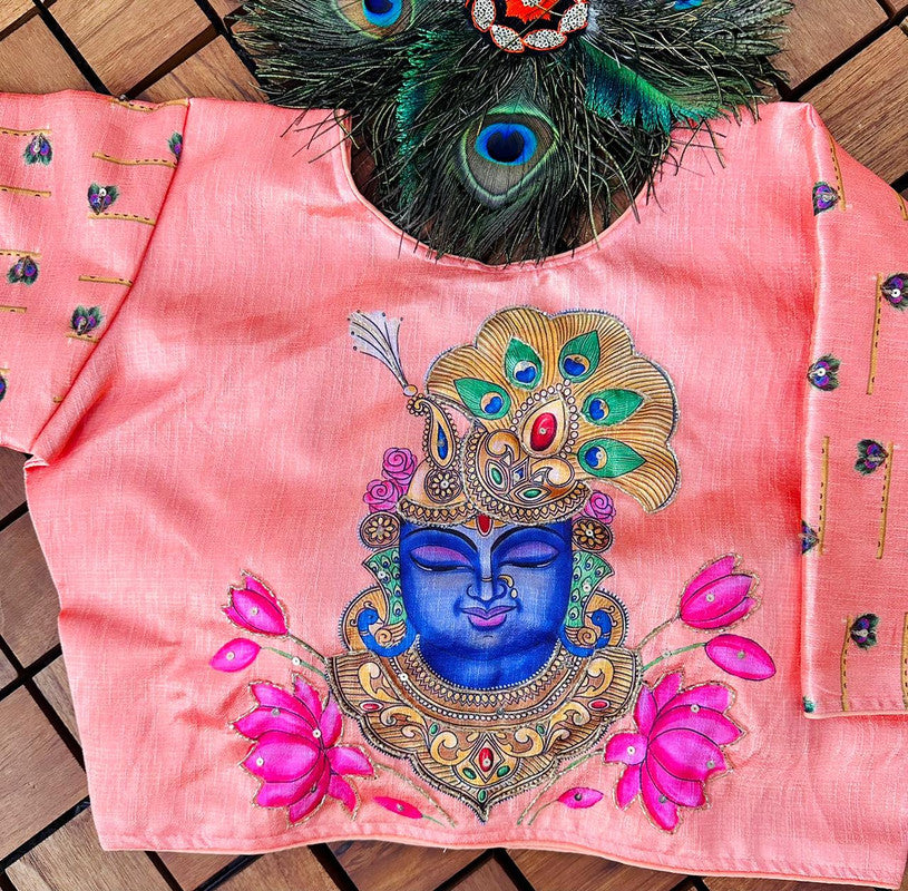 Peach & Multi Coloured Pure Silk with Antique Hand work Woman Ready made Botique Style Sri Krishna Design Blouse- Free Size Up to 42 Inch!!