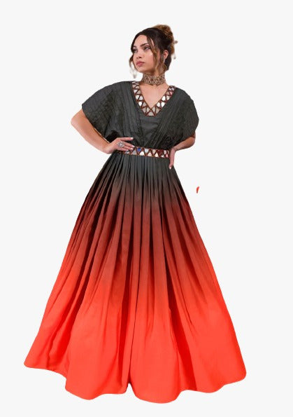 Red Coloured Poli Rayon Digital Print Glass Mirror work Gown with Belt!!
