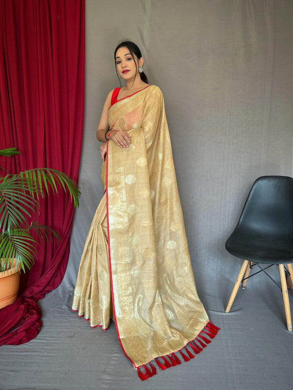 PURE COTTON LINEN SAREE WITH GOLD ZARI MOTTIFS WITH RICH PALLU!!