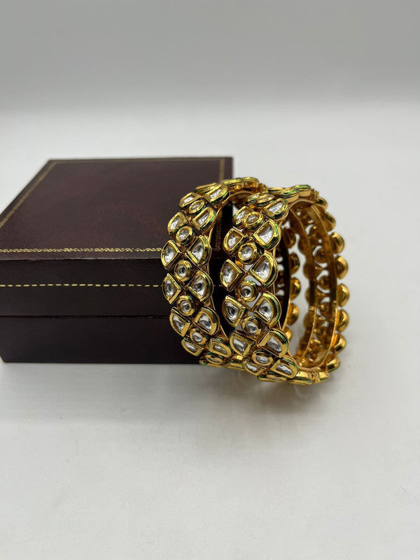 Gold & White Coloured Pure Brass Real Kundan Gold Plating Women Designer Bangles Set of 2!!