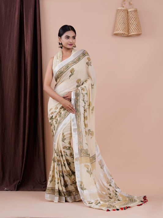 BEAUTIFUL LINEN HAND BLOCK PRINT SAREE