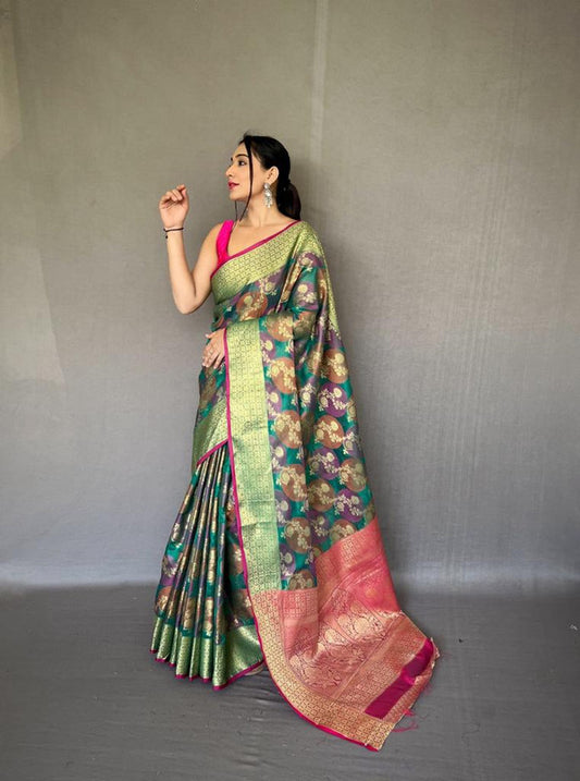 Pista Green & Multi Coloured Exclusive Gold Zari with Elegant Moti Flower and Rich Pallu Women Designer Party wear Soft Silk Saree with Blouse!!