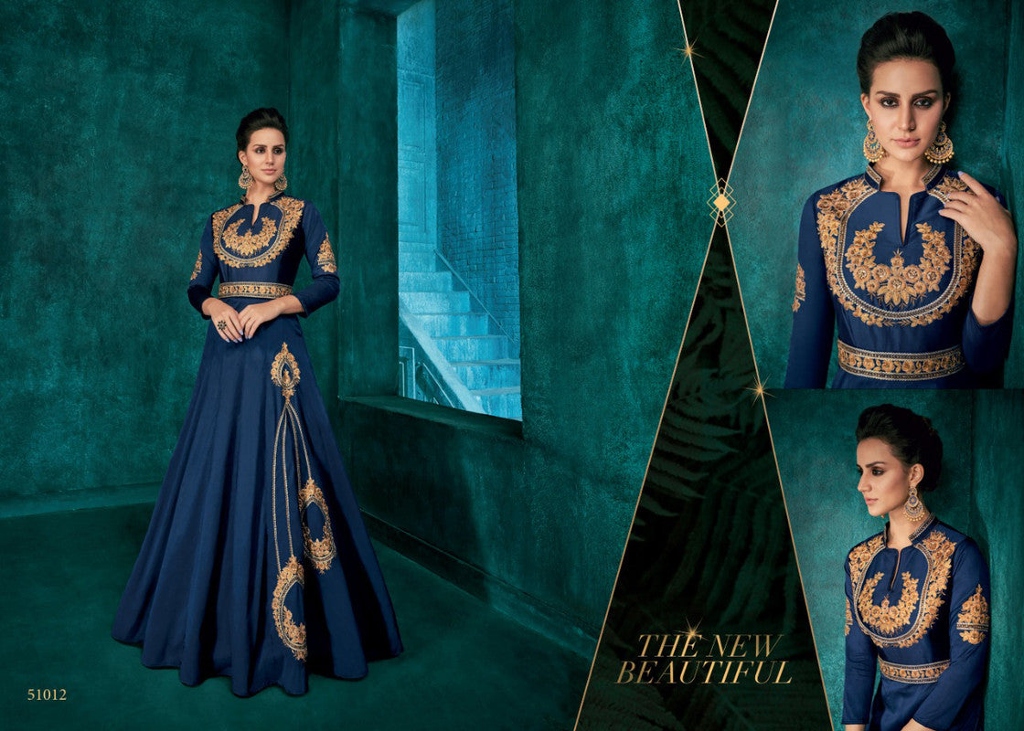 Dark Blue Coloured Triva Silk with Heavy Embroidery work Party wear Gown!!